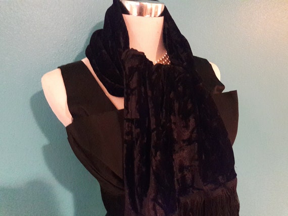 Vintage Black Velvet Scarf/ Black Crushed Velvet … - image 1