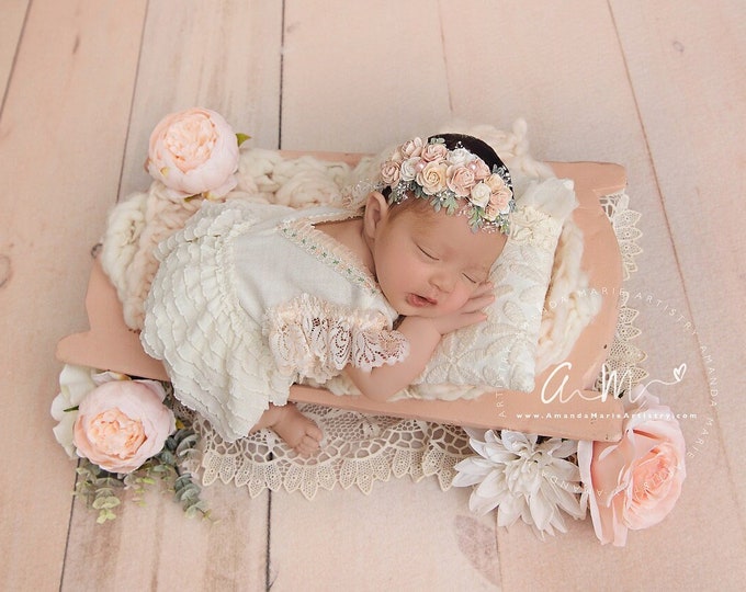 Newborn romper photo prop with lace and ruffles for first photo shoot ivory peach baby girl dress