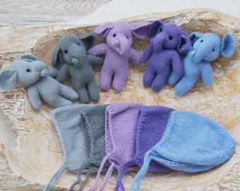 Knitted Toy Newborn Photo Prop - CHOOSE COLOR Elephant Toy & Bonnet Knit Newborn Props Newborn Cuddle Toy Photography Props