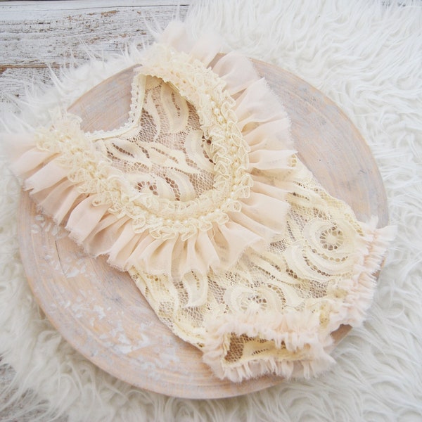 Newborn photography prop romper made of lace with ruffles and pearls, ruffled romper photo prop for baby girls