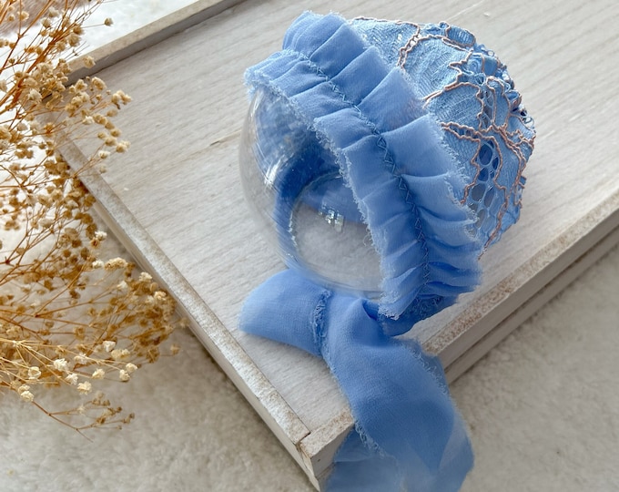 Blue Lace Baby Bonnet Newborn Photo Prop Bonnet Newborn Bonnet for First Photoshoot Ruffled Baby Girl Bonnet Handmade Retro Newborn Hat Girl
