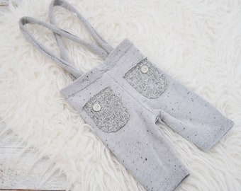 Sitter gray baby boy pants with suspenders for photo shoot | Neutral photo prop outfit baby boy for sitter photography