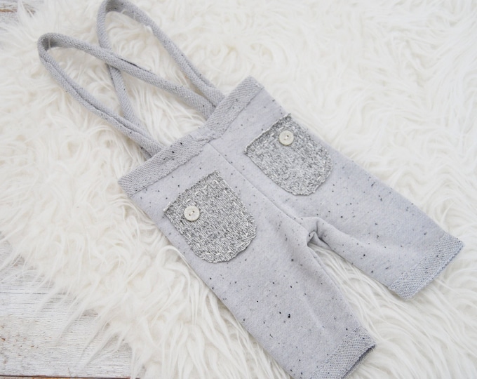 Sitter gray baby boy pants with suspenders for photo shoot | Neutral photo prop outfit baby boy for sitter photography