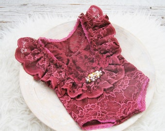 Lace newborn romper for first photo shoot burgundy red romper with ruffles photo prop romper