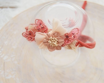 Coral pink baby headband flower headband for photography newborn tieback headband with lace and pearls