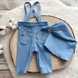 Newborn Overall Photography Shoot Outfit Newborn Boy Pants with Suspenders Newborn Hat Newborn Photography Prop Boy Photo Outfit Blue Gray