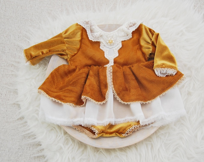 Newborn girl dress photo prop ochre velvet baby girl romper photo prop newborn