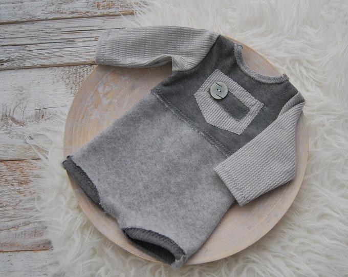 Gray newborn photo prop romper baby boy photography outfit neutral gray color