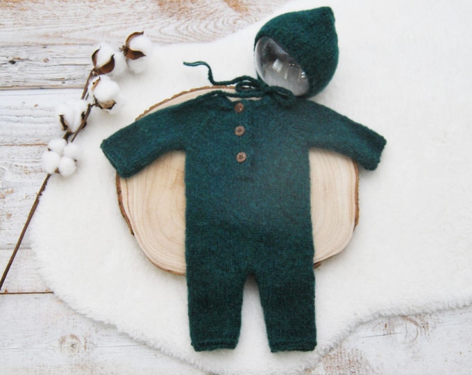 Knit Baby Boy Romper FOREST GREEN Overall for Photo Shoot Newborn Photography Romper Newborn Boy Knitted Romper and Hat Knit Hat Baby