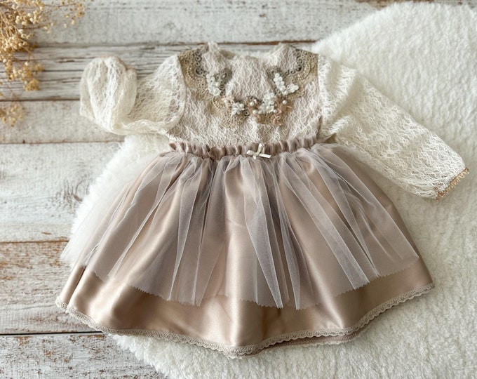 Sitter Dress Baby Girl Photo Outfit Tan Neutral Photo Prop First Birthday Dress and Panties Baby Girl Photography Outfit 1st Birthday Outfit