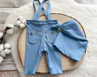 Newborn Photography Outfit: Blue Suspender Pants & Knot Hat Prop