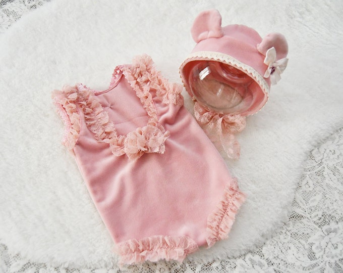 Newborn Photo Outfit, Baby Girl Romper and Bonnet, Pink Romper Photo Prop, Ear Bonnet Set, Photography Prop Outfit