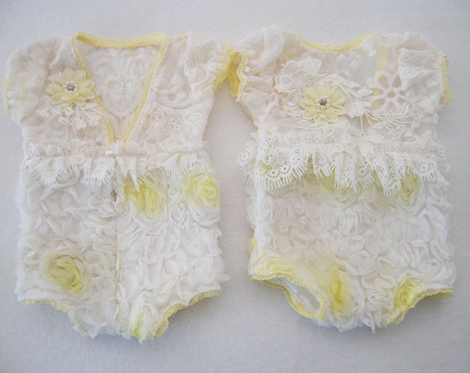 Newborn photo prop - Lace newborn romper for baby girl photography white and yellow ruffled romper first photo shoot outfit baby girl