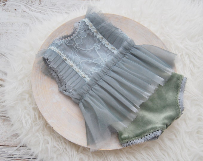 Newborn photo prop romper sage green lace spring baby girl outfit for first photo shoot