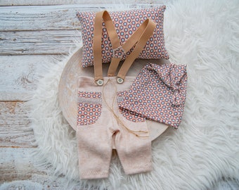 Angora Newborn Outfit: Beige Pants with Suspenders, Beanie, Posing Pillow