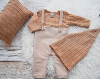 Newborn Boy Photo Prop Set: Romper, Hat, Posing Pillow