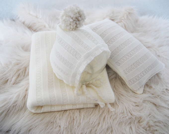 Newborn photo prop set: bonnet wrap posing pillow; newborn bonnet photography prop