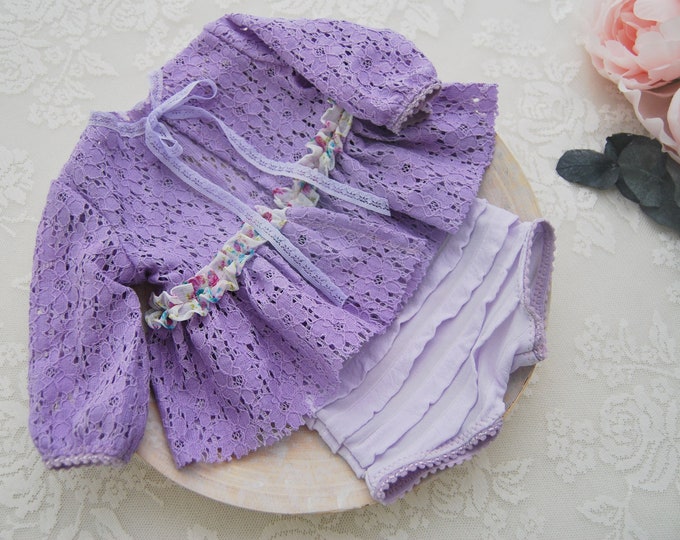 Newborn girl outfit for photography: lace top and panties purple newborn photo prop set