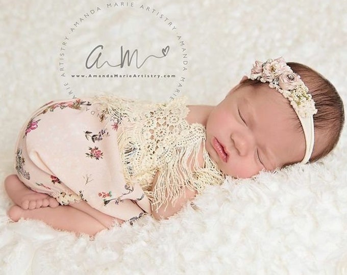 Newborn floral dress photo prop, baby photography prop outfit, boho baby romper with fringes