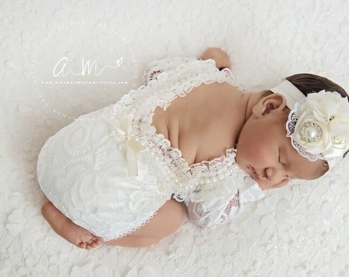 Floral Romper for Newborn Photography Shoots Ivory Newborn Romper Newborn Girl Photo Outfit Newborn Photography Romper with Long Sleeves