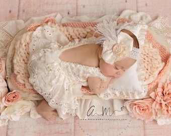 Newborn Photo Prop Outfit: Ivory Lace Romper & Posing Pillow