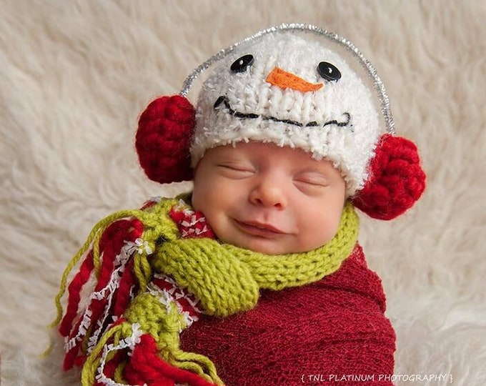 Knitted Newborn Photo Props Snowman Outfit Baby Snowman Hat Scarf and Snowflakes Photography Prop SET Newborn Christmas Props