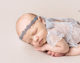 Baby headband, gray flower lace newborn tieback headband, newborn photo prop