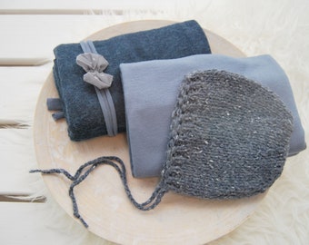 OOAK newborn photo prop set: fabric wraps knitted bonnet bow headband dark blue baby props