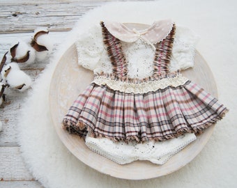 Newborn Girl Outfit for Back to School Photoshoots, Lace Newborn Romper and Pleated Skirt, Tieback Headband, Newborn Photography Set