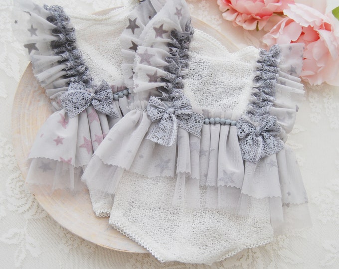 Newborn romper photo prop baby girl outfit lace romper with ruffles light gray