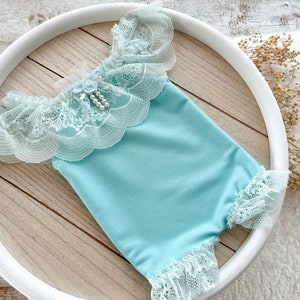 Lace Romper Newborn Girl Outfit Photography Prop Teal Newborn Romper Photo Outfit Blue Baby Girl Romper With Bow Newborn Photo Prop Outfit
