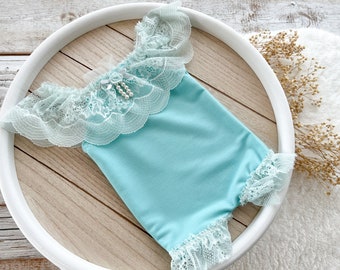 Teal Lace Newborn Romper: Baby Girl Photo Prop Outfit