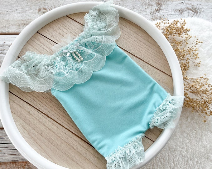 Lace Romper Newborn Girl Outfit Photography Prop Teal Newborn Romper Photo Outfit Blue Baby Girl Romper With Bow Newborn Photo Prop Outfit