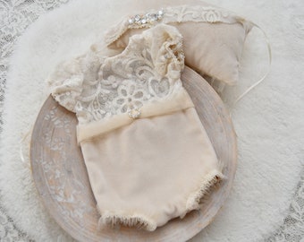 Boho newborn photo props Lace newborn romper for first photo shoot Ivory color newborn outfit Rhinestone baby headband Photography prop