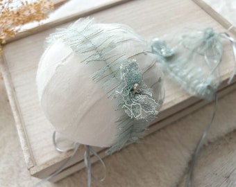 Lace Newborn Bonnet Newborn PHOTO Prop Baby Girl Bonnet Tulle Bonnet Teal Baby Girl Props Newborn Photography Bonnet Newborn Hat Girl Blue