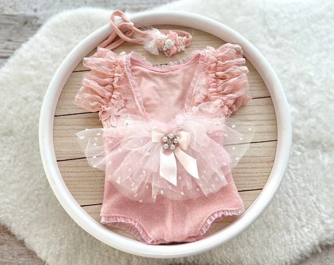 Baby Girl Photo Outfit Lace Newborn Romper Newborn Headband Blush Pink Newborn Outfit Photography Prop Romper Infant Headband Tieback