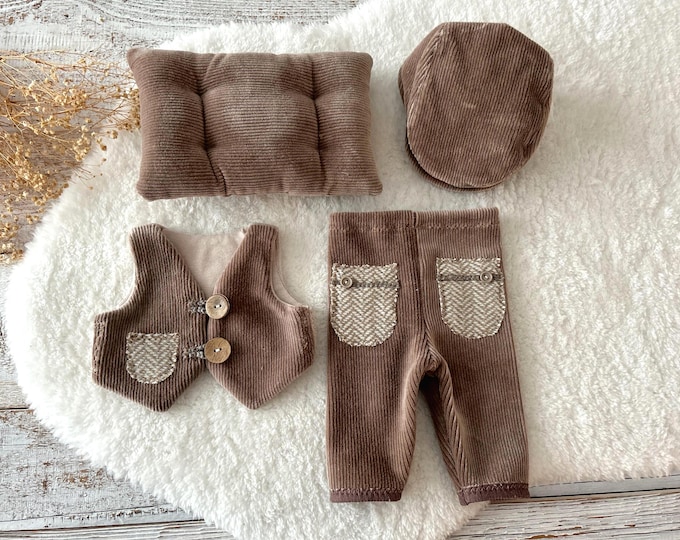 Newborn Photography Set Newborn Pants Newborn Suit Newborn Flat Cap Newborn Pillow Photo Prop Outfit Brown Outfit Baby Boy Props Velour