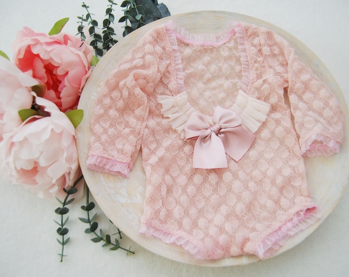 Newborn photo prop pink newborn romper for first photo shoot lace baby girl outfit