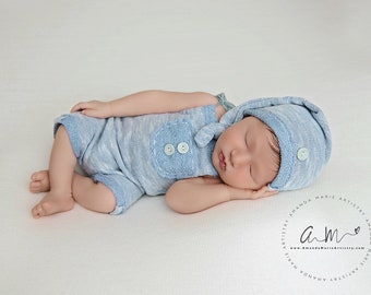 Blue Newborn Outfit Photography Prop: Romper, Hat & Pillow, Baby Boy Props