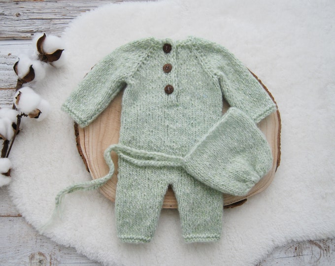 Knit Baby Romper Knit Bonnet Newborn Photography Set Newborn Newborn Knitted Overall Newborn Photo Props