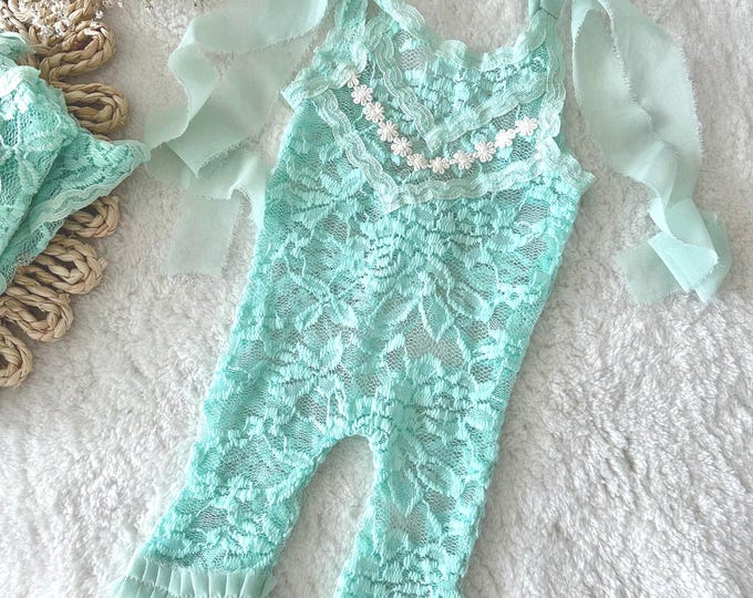 Mint Lace Newborn Romper – Photography Prop Outfit for Baby Girl