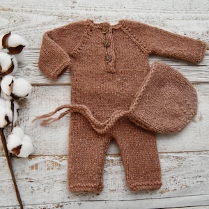 Knitted Newborn Romper Newborn Bonnet Knit Baby Photo Outfit Newborn Boy Photo Props Photography Outfit Photography Props