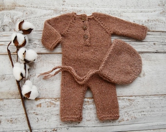 Knitted Newborn Romper, Newborn Bonnet, Knit Baby Photo Outfit, Newborn Boy Photo Props, Photography Outfit, Photography Props