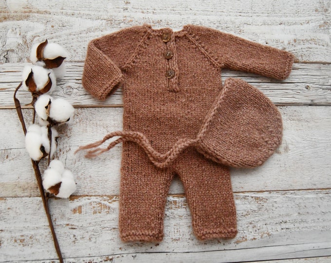 Knitted Newborn Romper Newborn Bonnet Knit Baby Photo Outfit Newborn Boy Photo Props Photography Outfit Photography Props