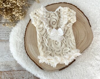Lace Sitter Romper, Ivory Baby Photo Outfit, 9 Months Girl Photography Props