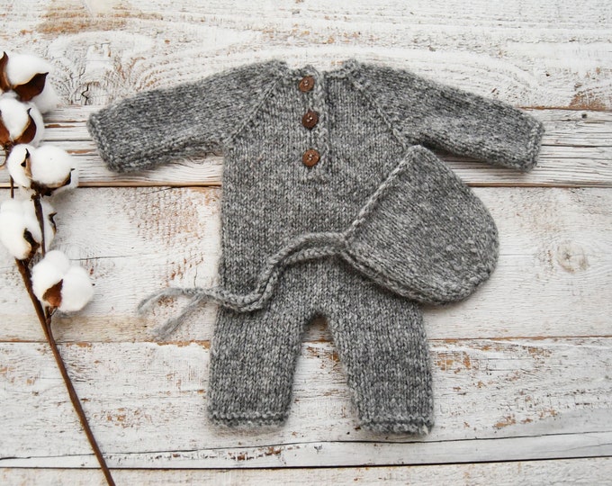 Knit Romper Newborn Boy Gray Photo Prop Outfit Newborn Photography Prop Newborn Bonnet Knitted Overall Set Alpaca Baby Outfit