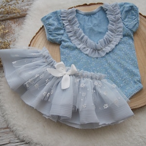 Blue Newborn Girl Romper Tutu Skirt Newborn Photo Prop Outfit Floral Baby Girl Dress Blue Newborn Photography Outfit Baby Newborn Romper