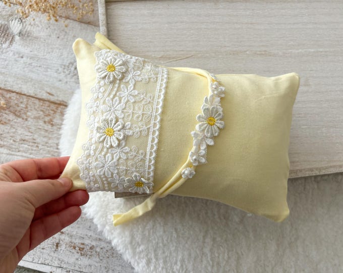 Newborn Photography SET Baby Girl Yellow Outfit DAISY Newborn Tutu Skirt Newborn Romper Newborn Posing Pillow Floral Headband Baby Props