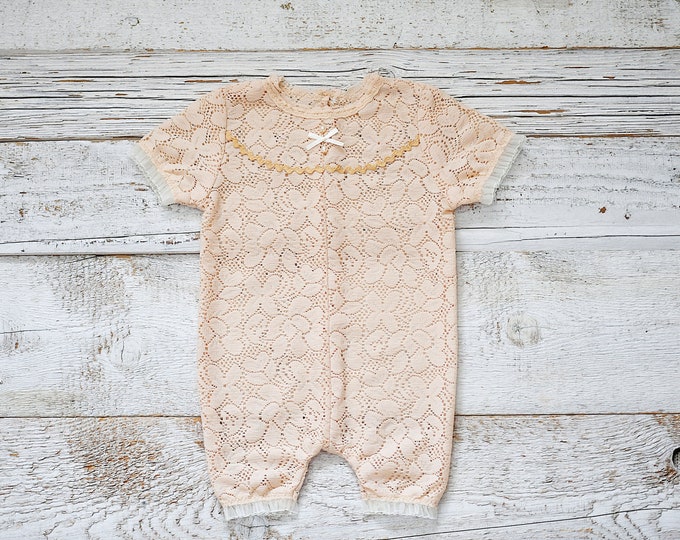 Baby girl romper, sitter size,  lace baby photo outfit - peach