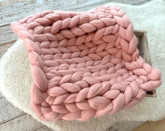 Hand Knit Pink Merino Wool Blanket - Newborn Photo Prop, Nursery Decor